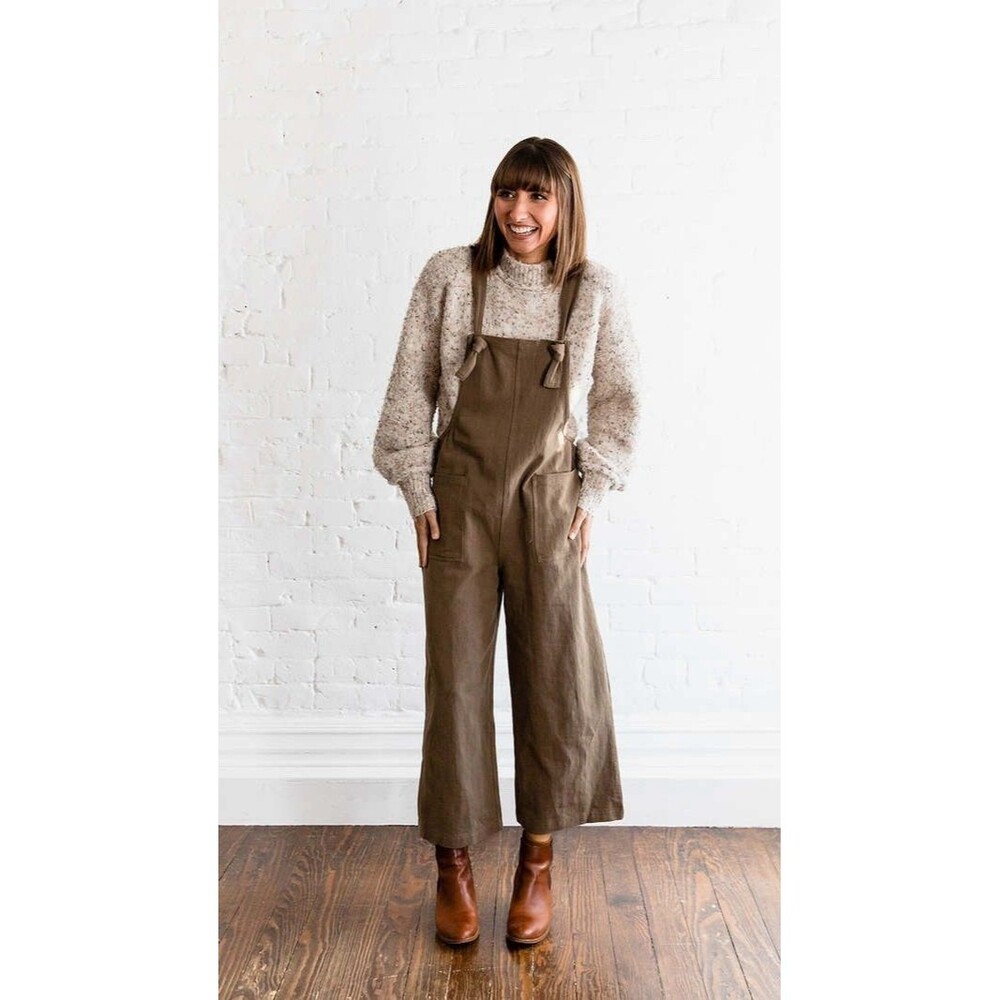 Miou Muse Womenβs Sz Medium Coffee Brown Cecilia Jumpsuit Overalls Linen Cotton